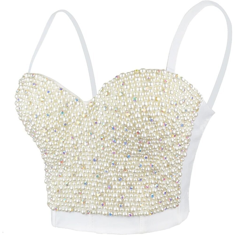 Women White Pearls Beaded Rhinestone Bustier Crop Top Push Up Corset